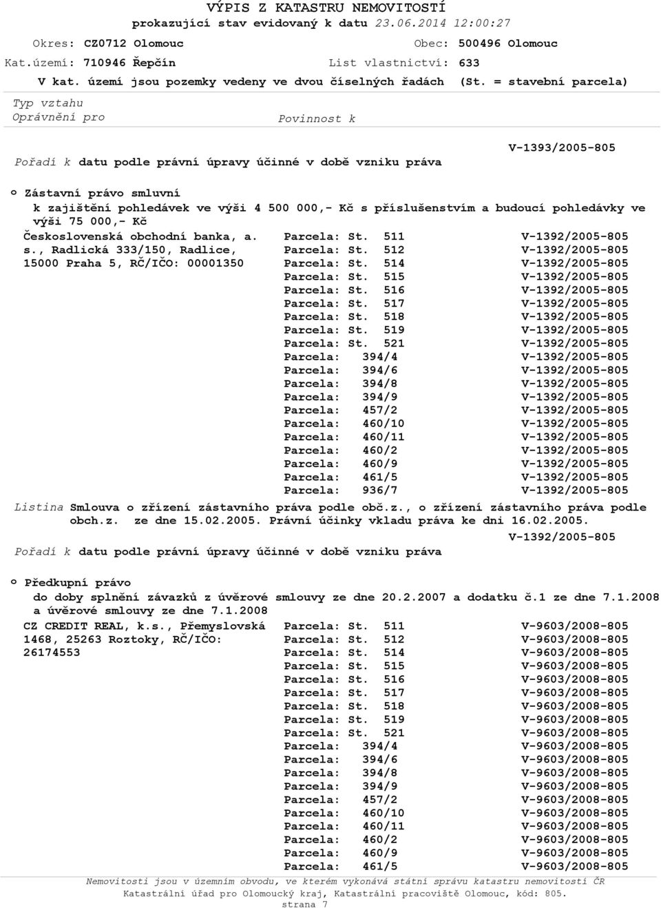 Kč Českslvenská bchdní banka, a. s., Radlická 333/150, Radlice, 15000 Praha 5, RČ/IČO: 00001350 Smluva zřízení zástavníh práva pdle bč.z., zřízení zástavníh práva pdle bch.z. ze dne 15.02.2005.