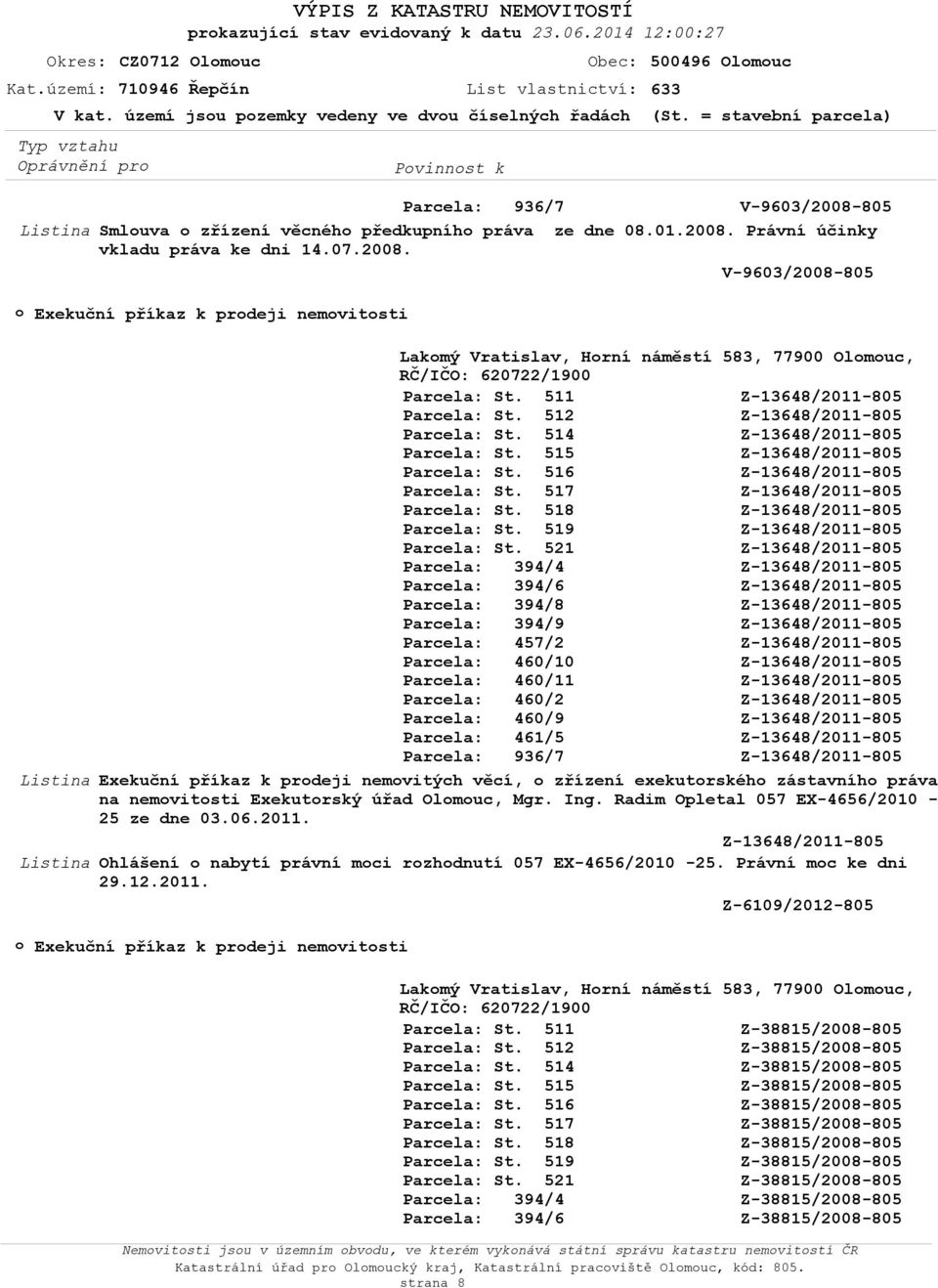 Právní účinky vkladu práva ke dni 14.07.2008.