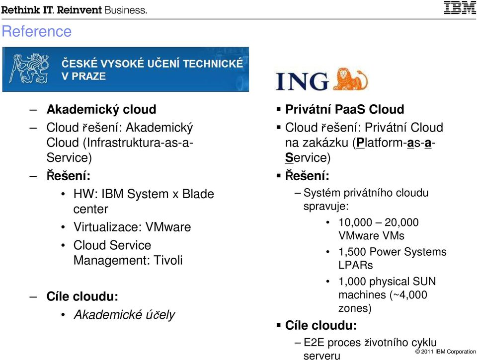 řešení: Privátní Cloud na zakázku (Platform-as-a- Service) Řešení: Systém privátního cloudu spravuje: Cíle cloudu: