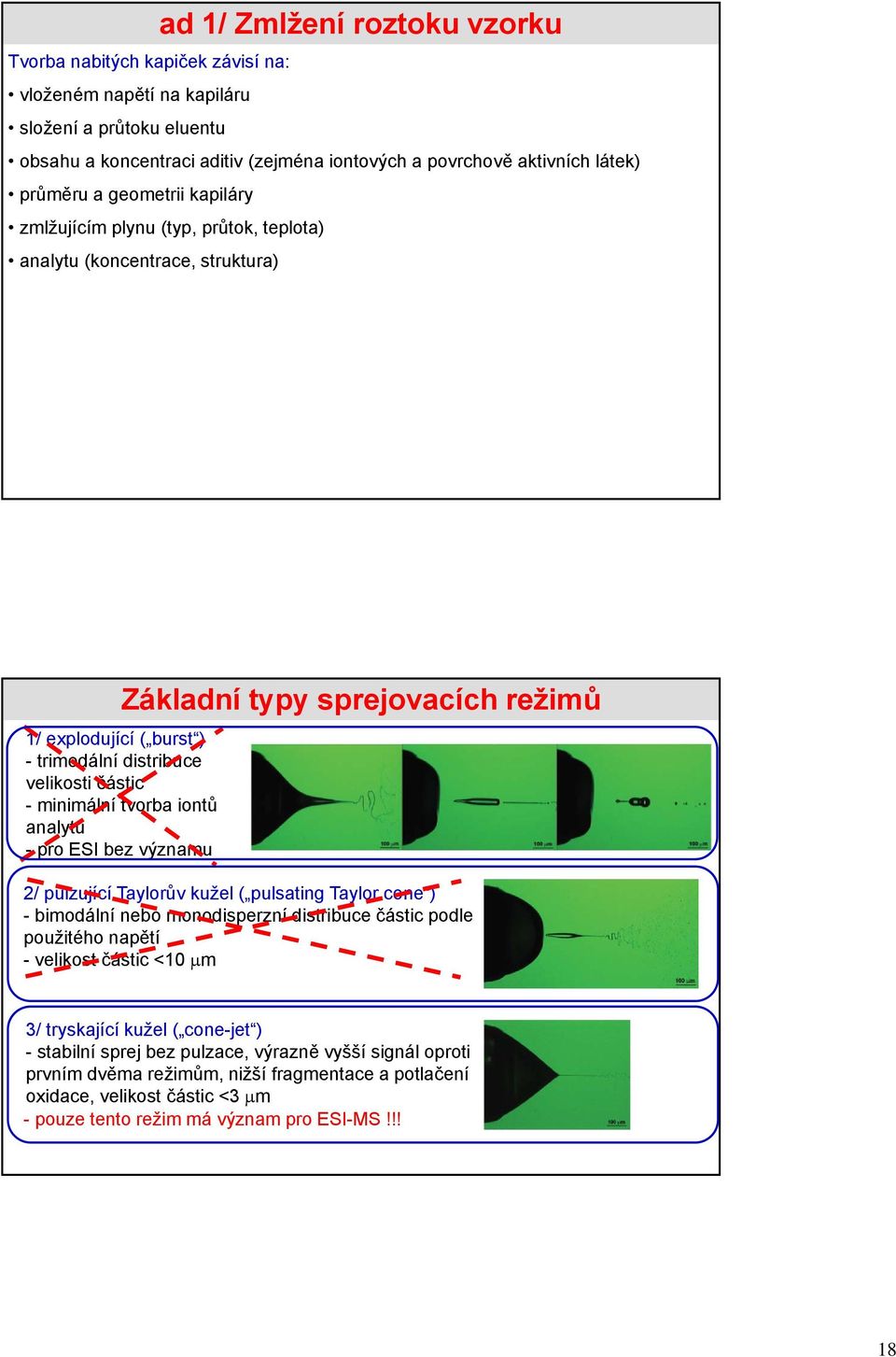 částic - minimální tvorba iontů analytu - pro ESI bez významu 2/ pulzující Taylorův kužel ( pulsating Taylor cone ) - bimodální nebo monodisperzní distribuce částic podle použitého napětí - velikost