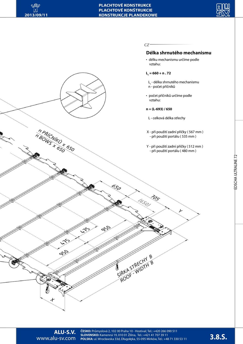 celková délka střechy n příčníků x 650 n bows x 650 X - při použití zadní příčky ( 567 mm ) - při použití portálu
