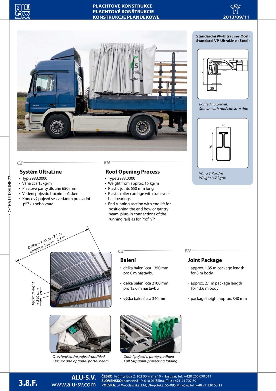 15 kg/m Plastic joints 650 mm long Plastic roller carriage with transverse ball bearings End running section with end lift for positioning the end bow or gantry beam, plug-in connections of the