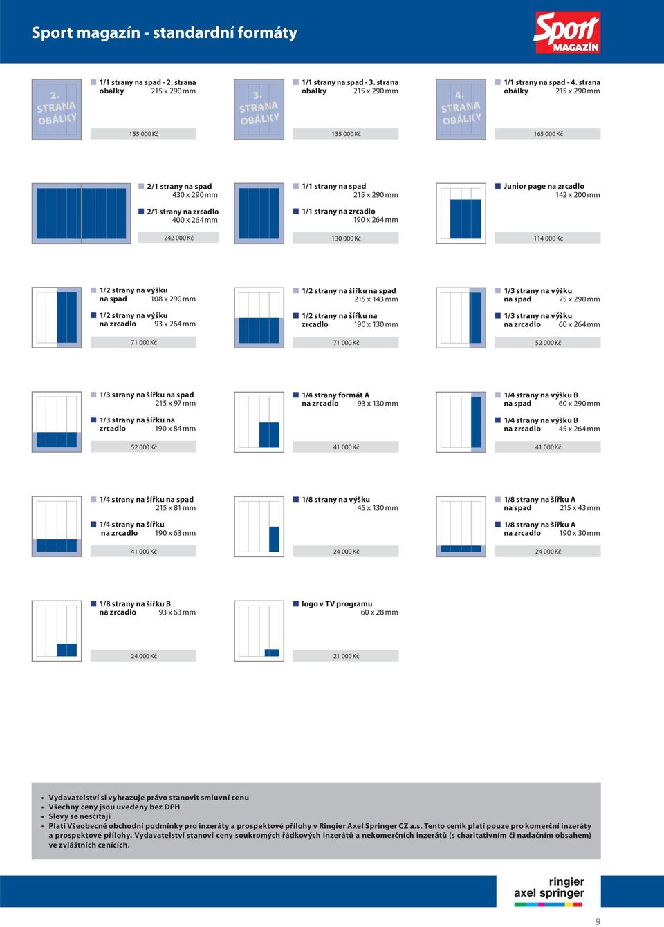 strana obálky 215 x 290 mm 165 000 Kč 2/1 strany na spad 430 x 290 mm 1/1 strany na spad 215 x 290 mm Junior page na zrcadlo 142 x 200 mm 2/1 strany na zrcadlo 400 x 264 mm 1/1 strany na zrcadlo 190