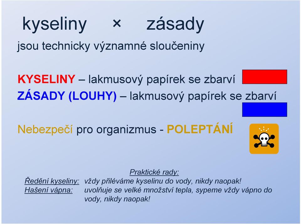 POLEPTÁNÍ Praktické rady: Ředění kyseliny: vždy přiléváme kyselinu do vody, nikdy