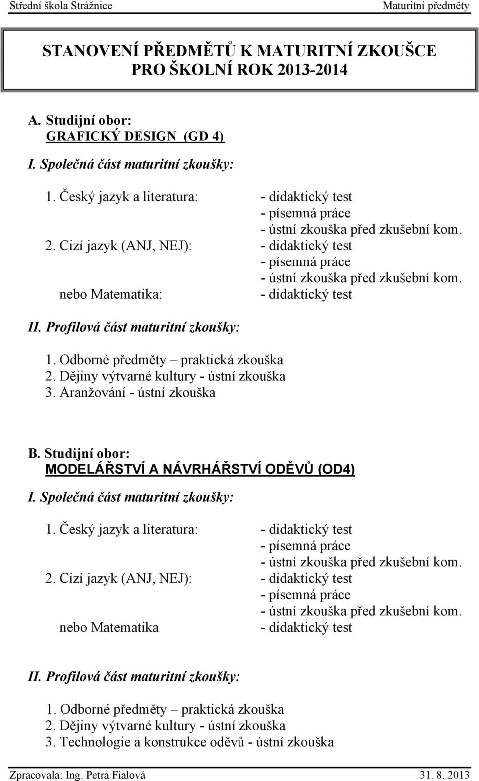 Aranžování - ústní zkouška B. Studijní obor: MODELÁŘSTVÍ A NÁVRHÁŘSTVÍ ODĚVŮ (OD4) 1. Český jazyk a literatura: 1.