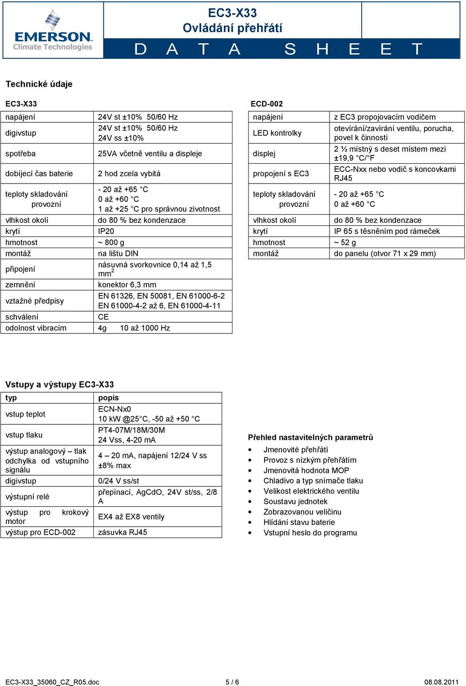 ventilu, porucha, povel k činnosti 2 ½ místný s deset místem mezi ±19,9 C/ F ECC-Nxx nebo vodič s koncovkami RJ45-20 až +65 C 0 až +60 C vlhkost okolí do 80 % bez kondenzace vlhkost okolí do 80 % bez