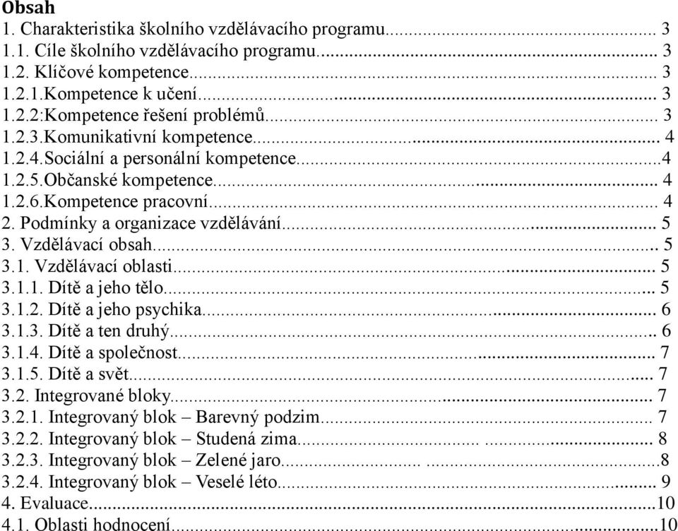 Vzdělávací obsah... 5 3.1. Vzdělávací oblasti... 5 3.1.1. Dítě a jeho tělo... 5 3.1.2. Dítě a jeho psychika... 6 3.1.3. Dítě a ten druhý... 6 3.1.4. Dítě a společnost... 7 3.1.5. Dítě a svět... 7 3.2. Integrované bloky.