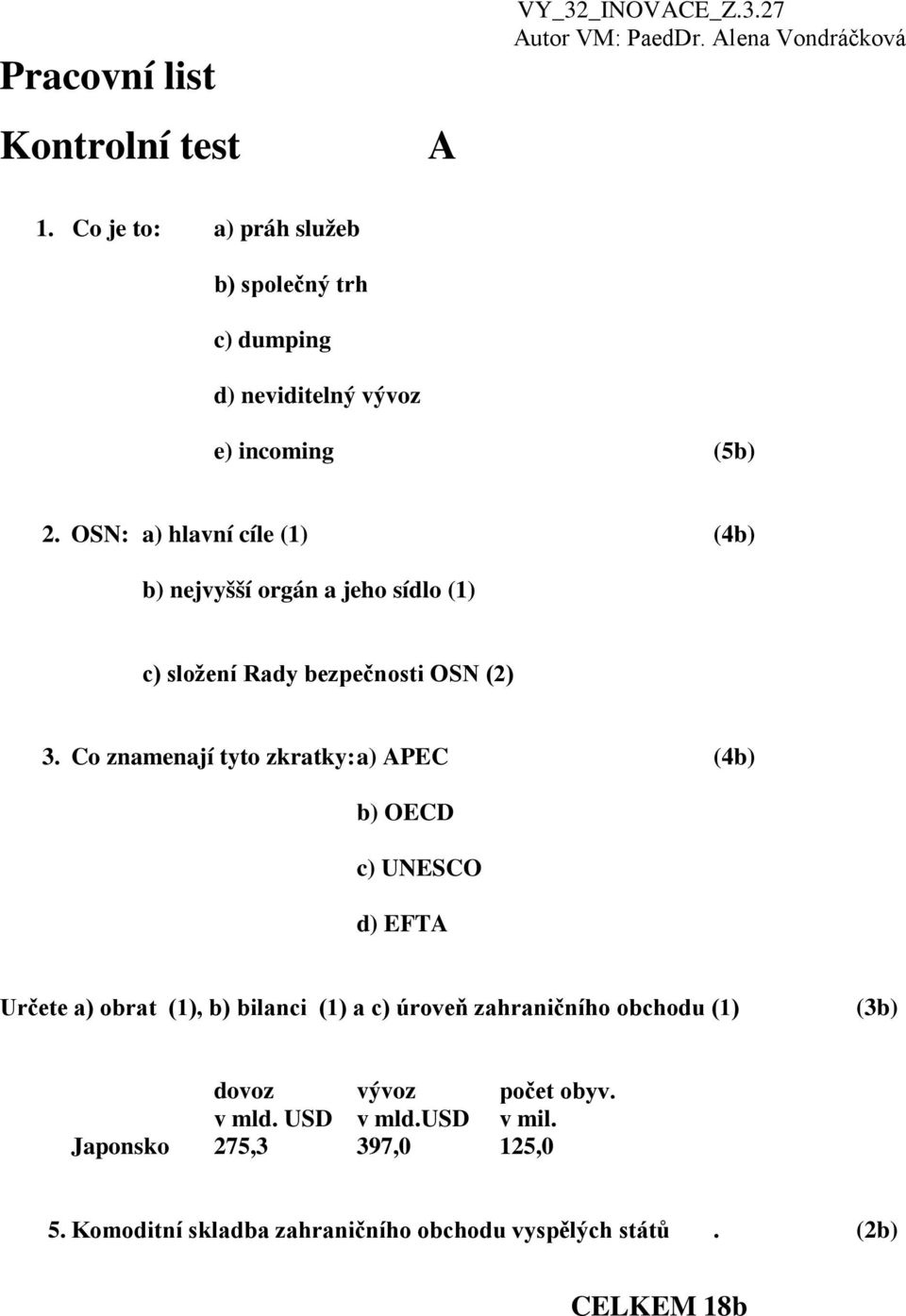 Co znamenají tyto zkratky: a) APEC (4b) b) OECD c) UNESCO d) EFTA Určete a) obrat (1), b) bilanci (1) a c) úroveň