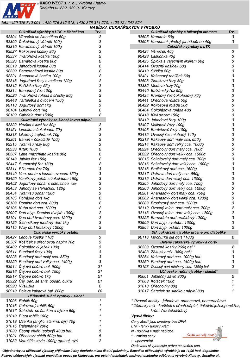 pěnou 40g 3 92310 Karamelový větrník 100g 2 Cukrářské výrobky s LTK 92527 Kokosové kostky 90g 3 92424 Věneček 40g 3 92337 Tvarohová kostka 100g 2 92428 Laskonka 40g 3 92326 Banánová kostka 80g 2