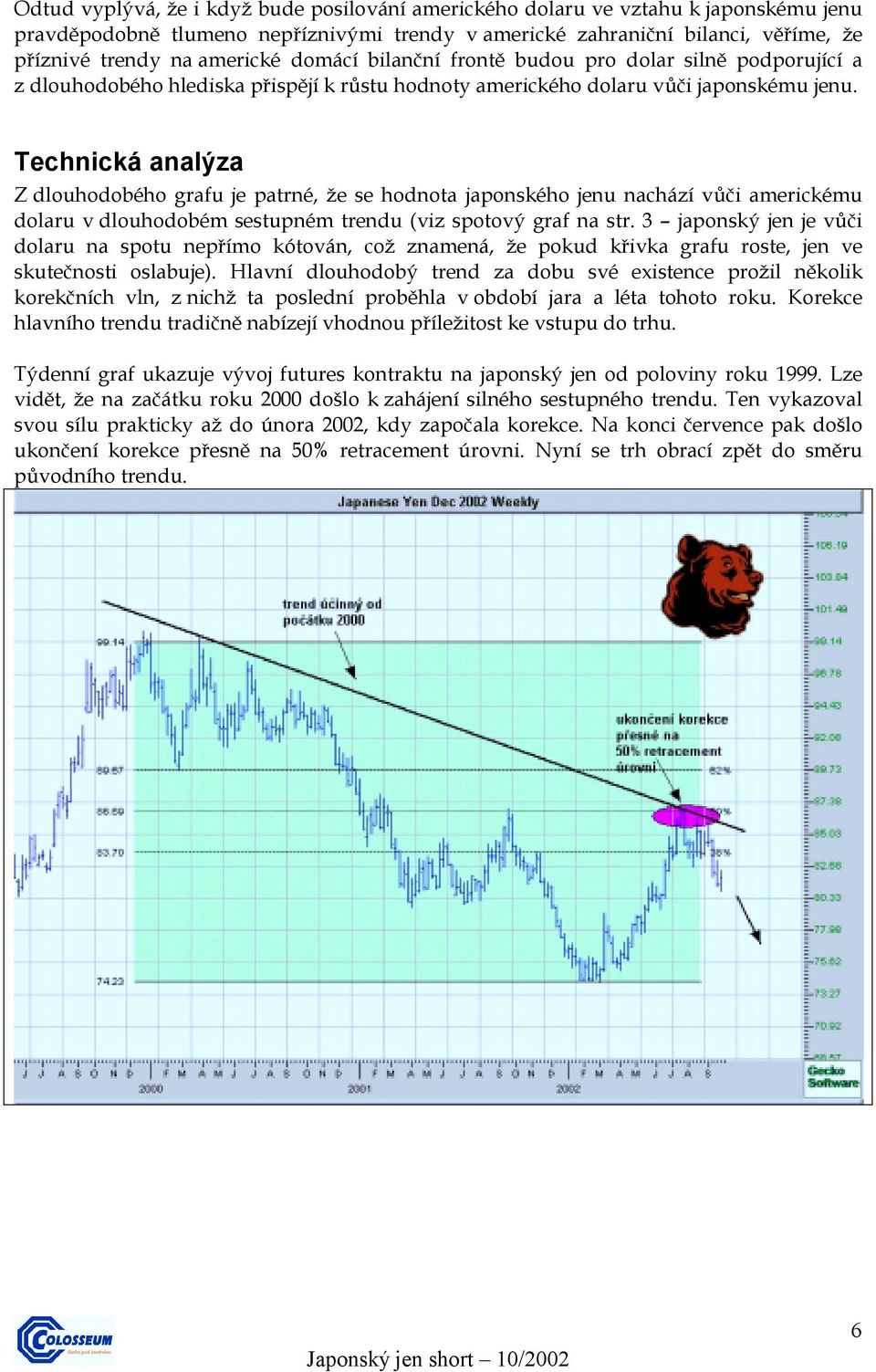 Technická analýza Z dlouhodobého grafu je patrné, že se hodnota japonského jenu nachází vůči americkému dolaru v dlouhodobém sestupném trendu (viz spotový graf na str.