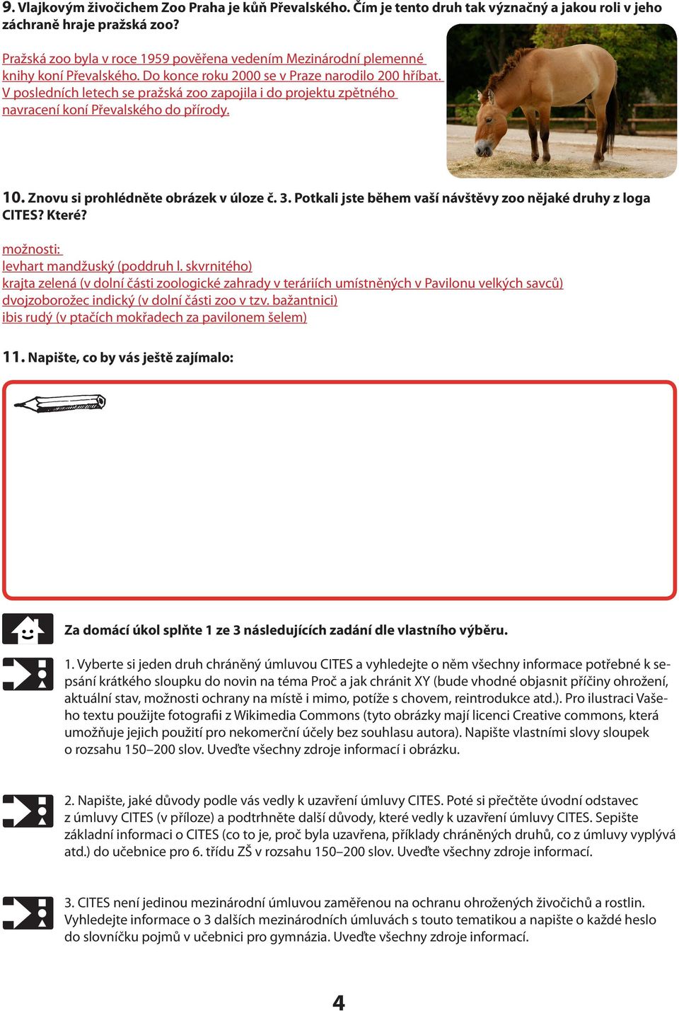 V posledních letech se pražská zoo zapojila i do projektu zpětného navracení koní Převalského do přírody. 10. Znovu si prohlédněte obrázek v úloze č. 3.