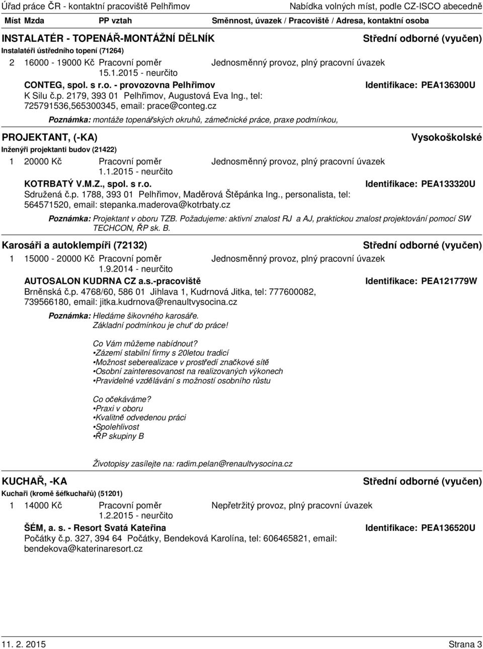 cz Poznámka: montáže topenářských okruhů, zámečnické práce, praxe podmínkou, PROJEKTANT, (-KA) Inženýři projektanti budov (21422) 1 20000 Kč Pracovní poměr 1.1.2015 - neurčito KOTRBATÝ V.M.Z., spol.