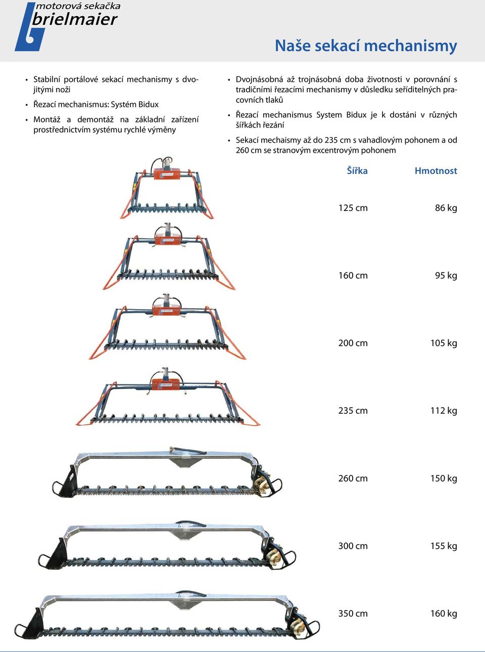 seříditelných pracovních tlaků Řezací mechanismus System Bidux je k dostáni v různých šířkách řezání Sekací mechaismy až do 235 cm s vahadlovým