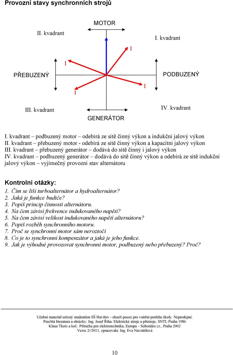 kvadrant podbuzený generátor dodává do sítě činný výkon a odebírá ze sítě indukční jalový výkon vyjímečný provozní stav alternátoru Kontrolní otázky: 1. Čím se liší turboalternátor a hydroalternátor?