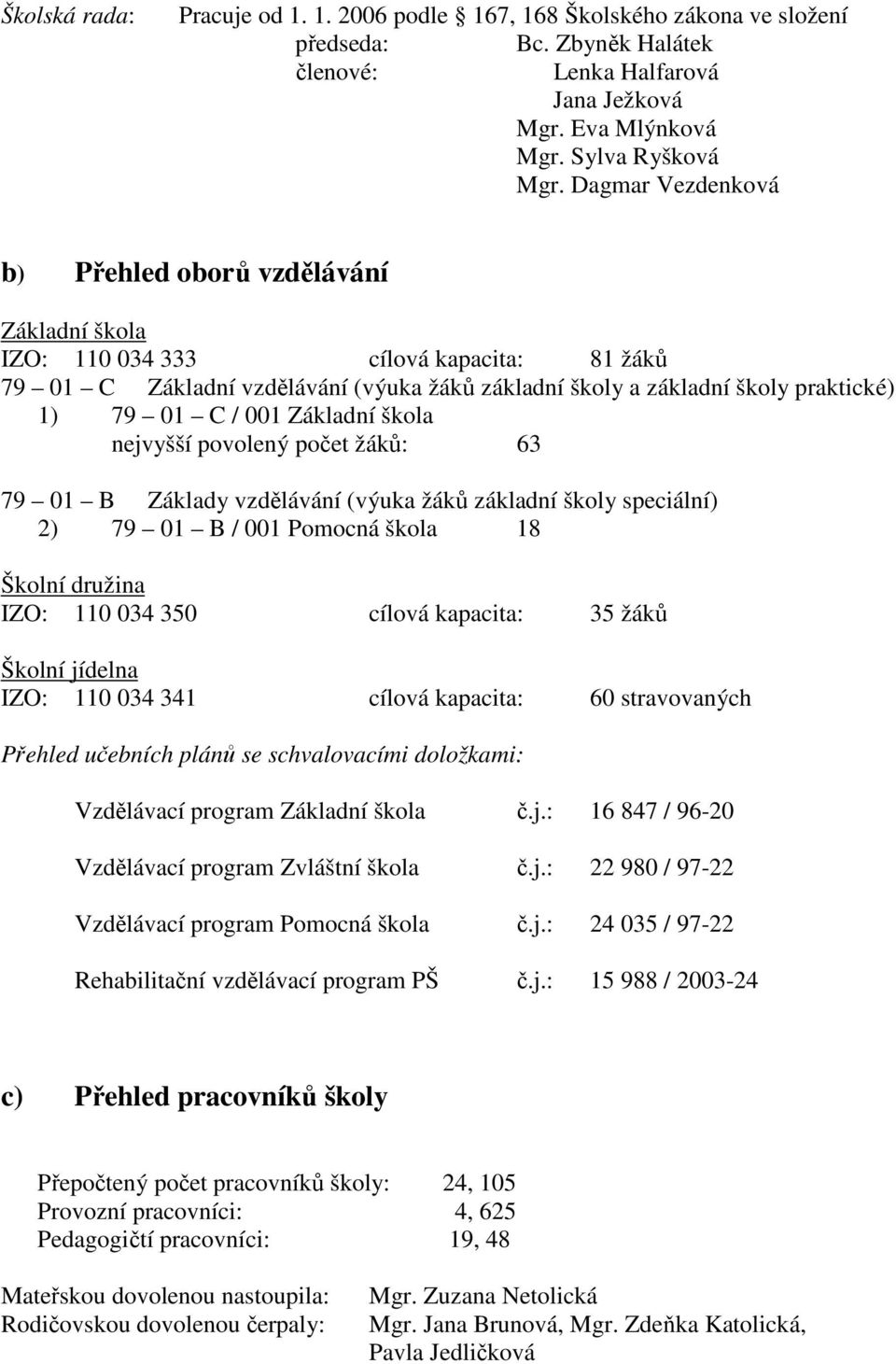 001 Základní škola nejvyšší povolený počet žáků: 63 79 01 B Základy vzdělávání (výuka žáků základní školy speciální) 2) 79 01 B / 001 Pomocná škola 18 Školní družina IZO: 110 034 350 cílová kapacita: