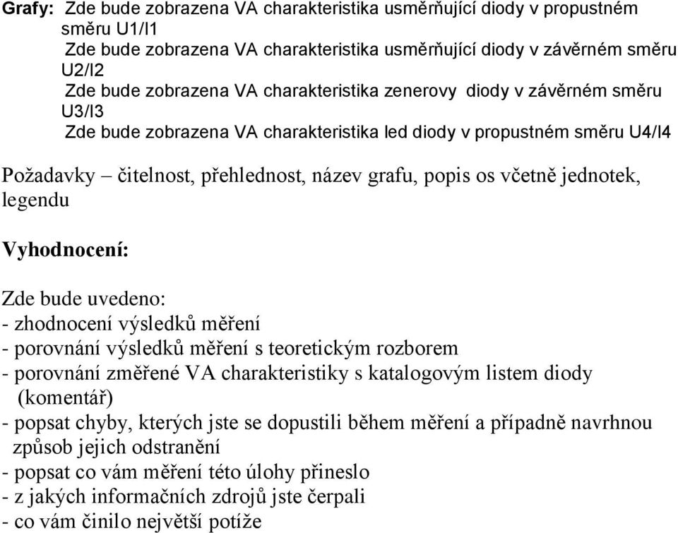 legendu yhodnocení: Zde bude uvedeno: - zhodnocení výsledků měření - porovnání výsledků měření s teoretickým rozborem - porovnání změřené A charakteristiky s katalogovým listem diody (komentář) -