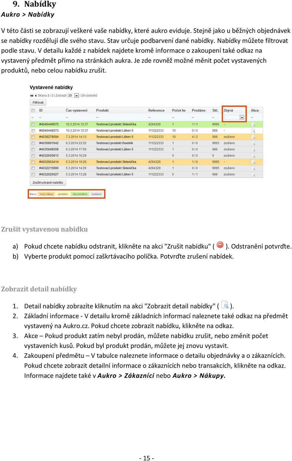 Je zde rovněž možné měnit počet vystavených produktů, nebo celou nabídku zrušit. Zrušit vystavenou nabídku a) Pokud chcete nabídku odstranit, klikněte na akci "Zrušit nabídku" ( ).