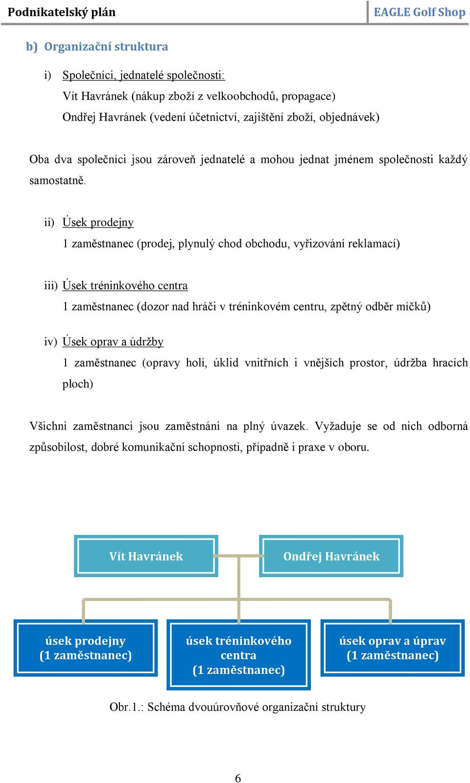 ii) Úsek prodejny 1 zaměstnanec (prodej, plynulý chod obchodu, vyřizování reklamací) iii) Úsek tréninkového centra 1 zaměstnanec (dozor nad hráči v tréninkovém centru, zpětný odběr míčků) iv) Úsek