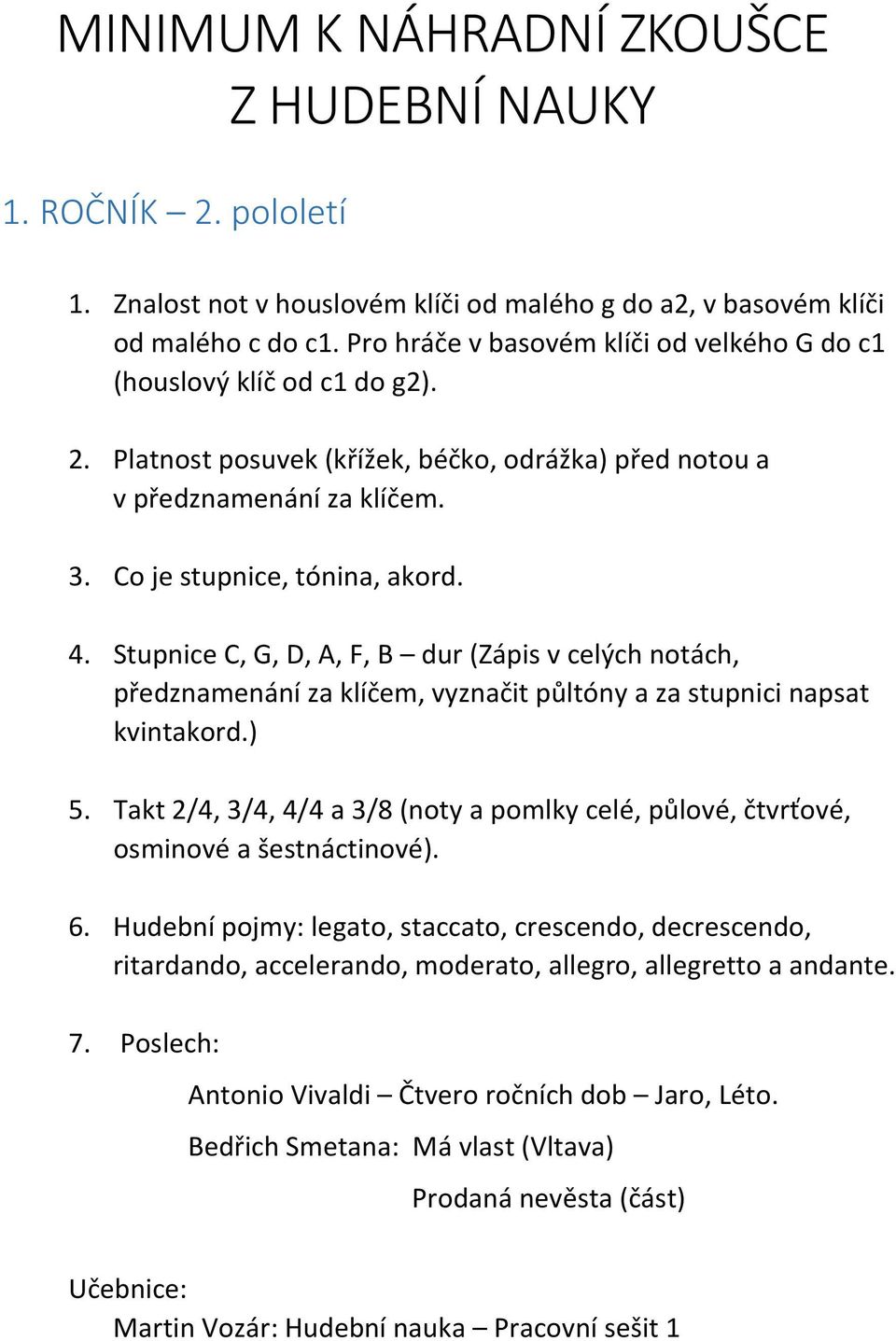 Takt 2/4, 3/4, 4/4 a 3/8 (noty a pomlky celé, půlové, čtvrťové, osminové a šestnáctinové). 6.