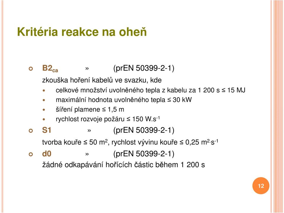 šíření plamene 1,5 m rychlost rozvoje požáru 150 W.