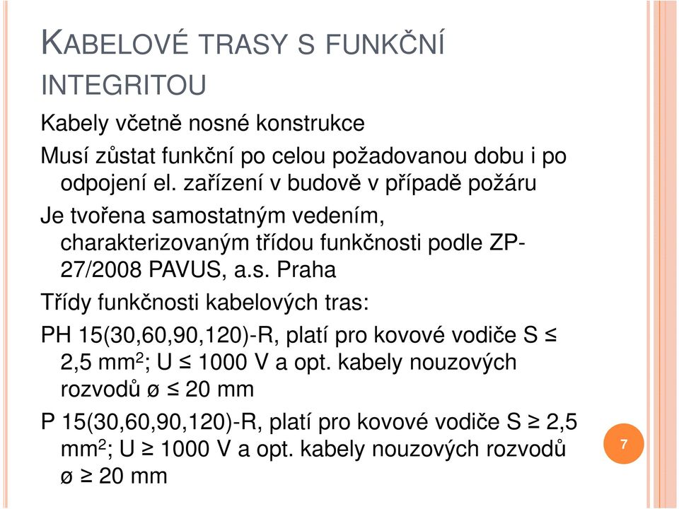 s. Praha Třídy funkčnosti kabelových tras: PH 15(30,60,90,120)-R, platí pro kovové vodiče S 2,5 mm 2 ; U 1000 V a opt.