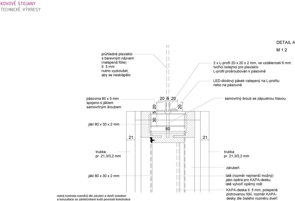 21,3/3,2 mm jäkl 80 x 30 x 2 mm 21 20 30 5 20 6 20 80 20 21 2 x L-profil 20 x 20 x 2 mm, ve vzdálenosti 6 mm tvořící kolejnici pro plexisklo L-profil prošroubován k pásovině LED-diodový pásek