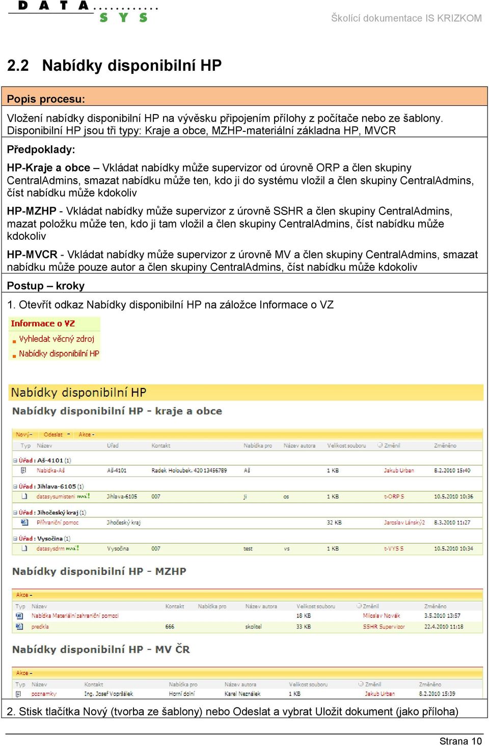 může ten, kdo ji do systému vložil a člen skupiny CentralAdmins, číst nabídku může kdokoliv HP-MZHP - Vkládat nabídky může supervizor z úrovně SSHR a člen skupiny CentralAdmins, mazat položku může