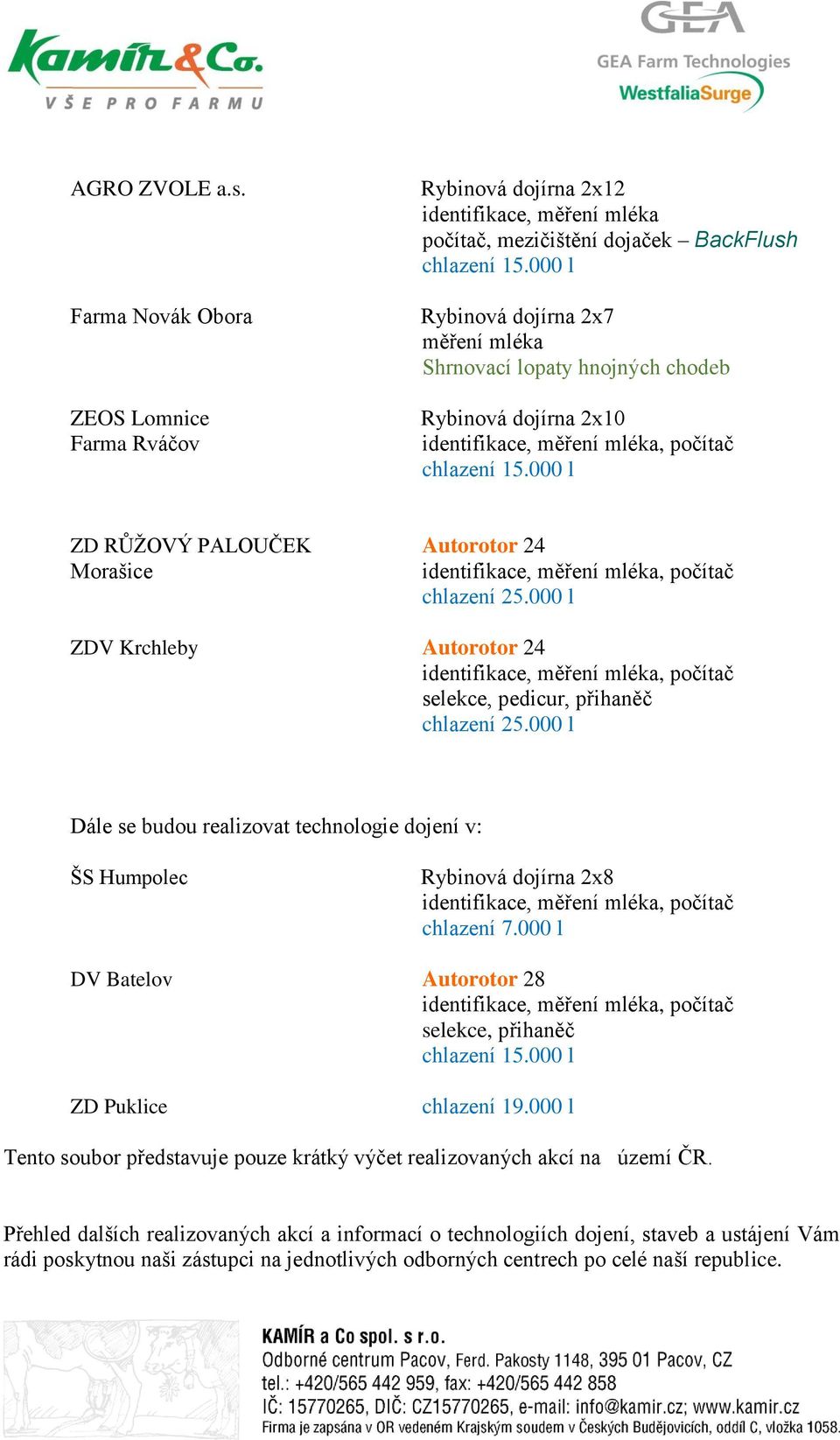 000 l ZDV Krchleby Autorotor 24 identifikace, selekce, pedicur, přihaněč chlazení 25.000 l Dále se budou realizovat technologie dojení v: ŠS Humpolec Rybinová dojírna 2x8 identifikace, chlazení 7.