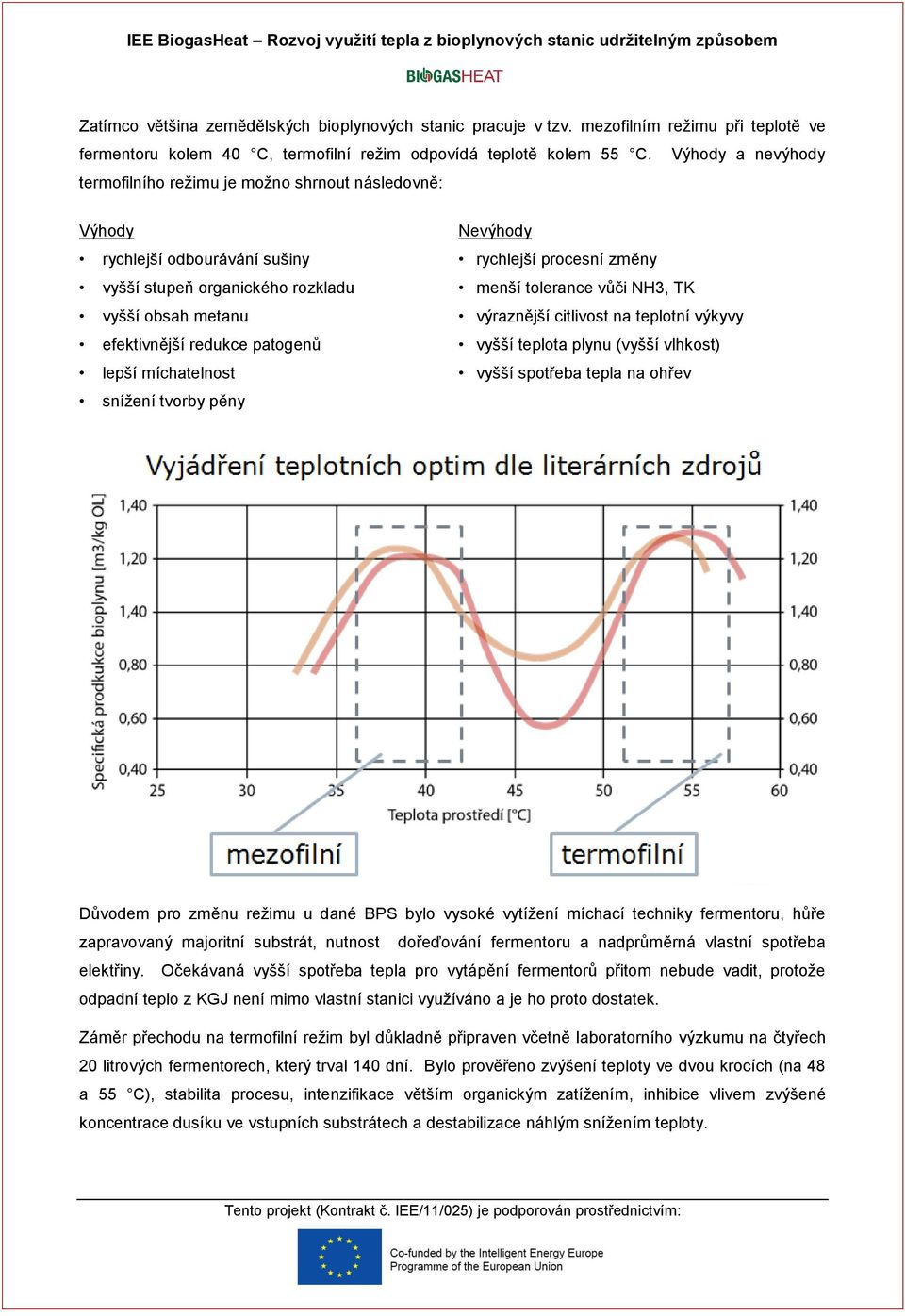 Výhody a nevýhody termofilního režimu je možno shrnout následovně: Výhody rychlejší odbourávání sušiny vyšší stupeň organického rozkladu vyšší obsah metanu efektivnější redukce patogenů lepší