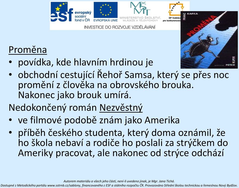 Nedokončený román Nezvěstný ve filmové podobě znám jako Amerika příběh českého studenta,