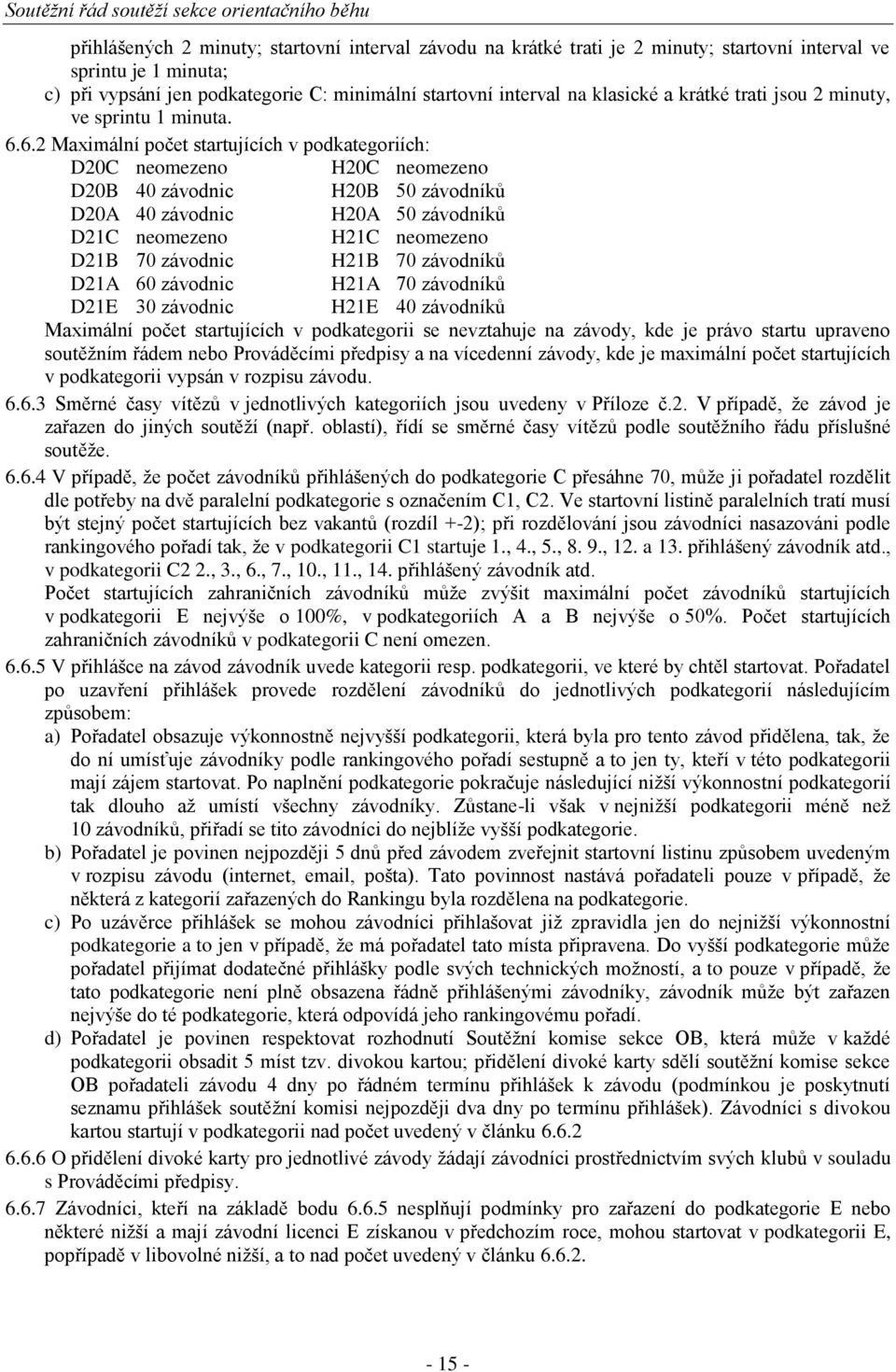 6.2 Maximální počet startujících v podkategoriích: D20C neomezeno H20C neomezeno D20B 40 závodnic H20B 50 závodníků D20A 40 závodnic H20A 50 závodníků D21C neomezeno H21C neomezeno D21B 70 závodnic