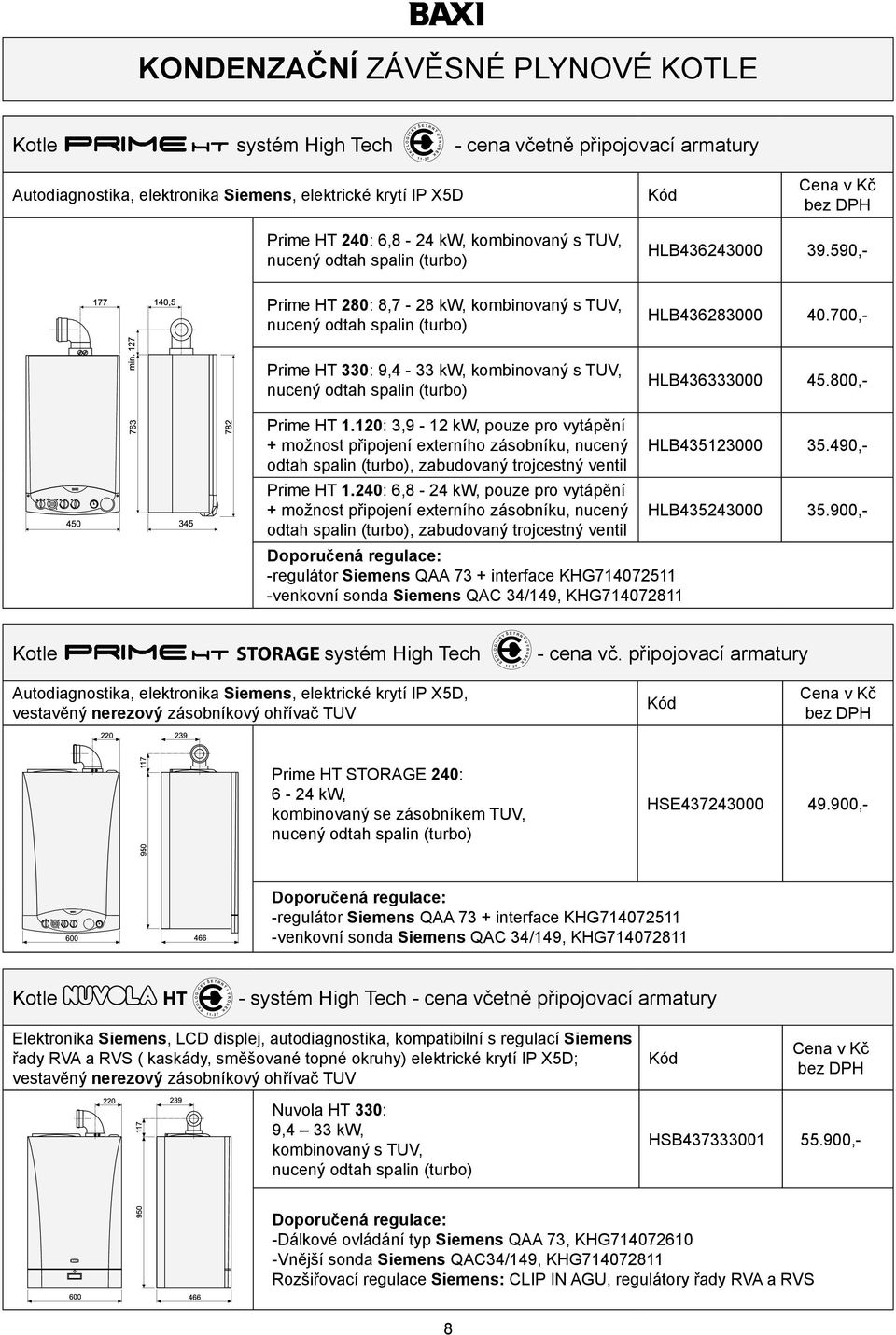 700,- Prime HT 330: 9,4-33 kw, kombinovaný s TUV, nucený odtah spalin (turbo) HLB436333000 45.800,- Prime HT 1.