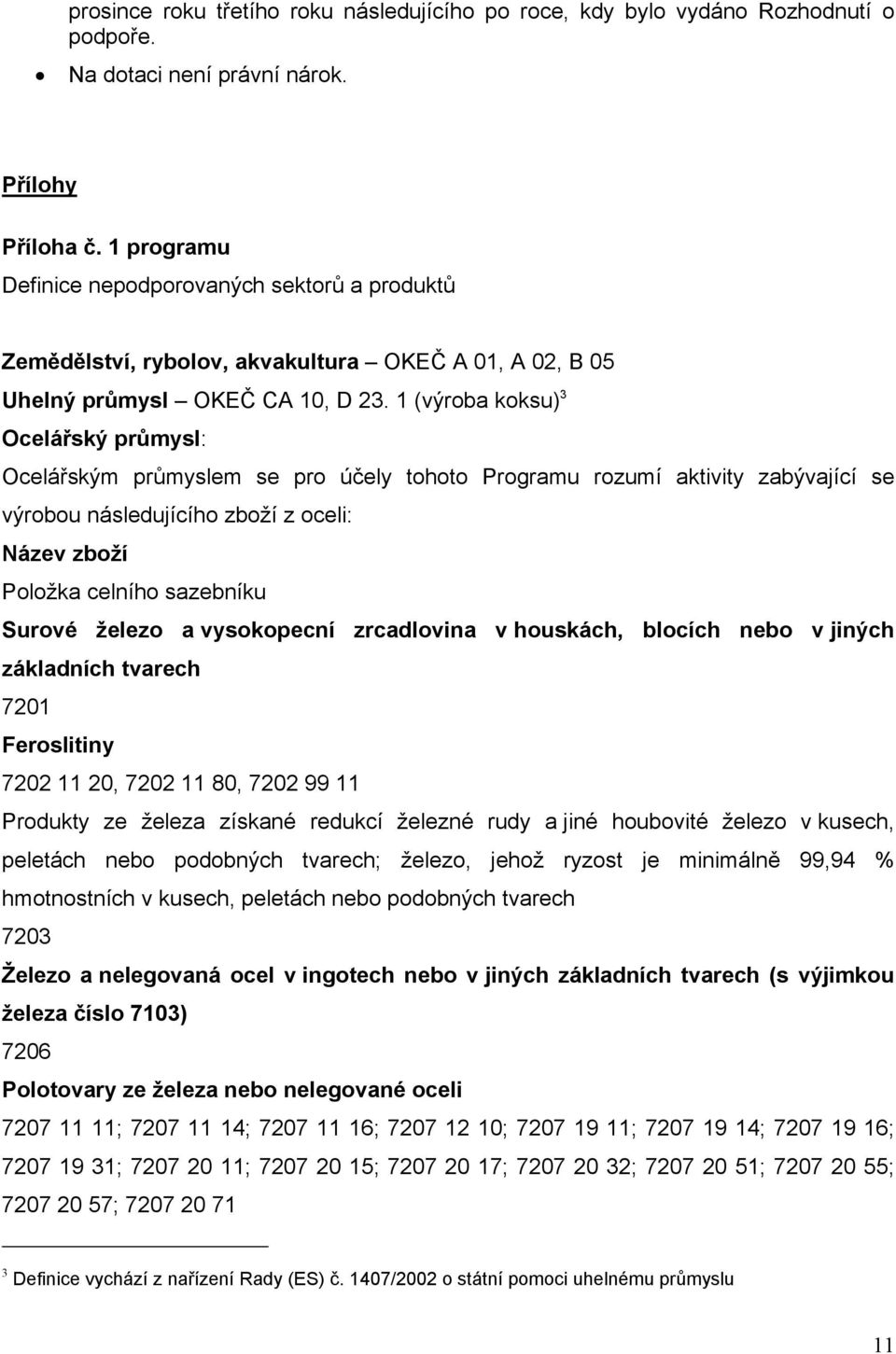 1 (výroba koksu) 3 Ocelářský průmysl: Ocelářským průmyslem se pro účely tohoto Programu rozumí aktivity zabývající se výrobou následujícího zboží z oceli: Název zboží Položka celního sazebníku Surové