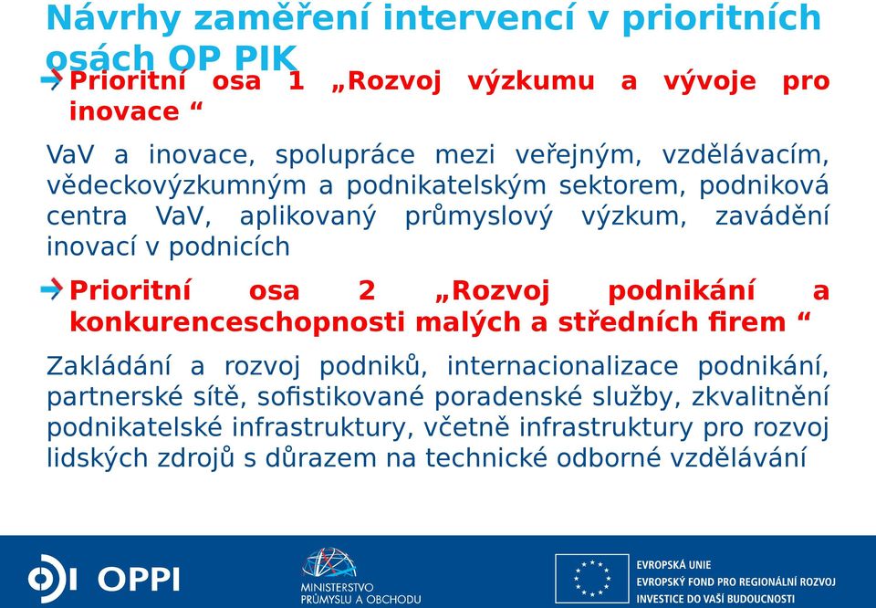 2 Rozvoj podnikání a konkurenceschopnosti malých a středních firem Zakládání a rozvoj podniků, internacionalizace podnikání, partnerské sítě,