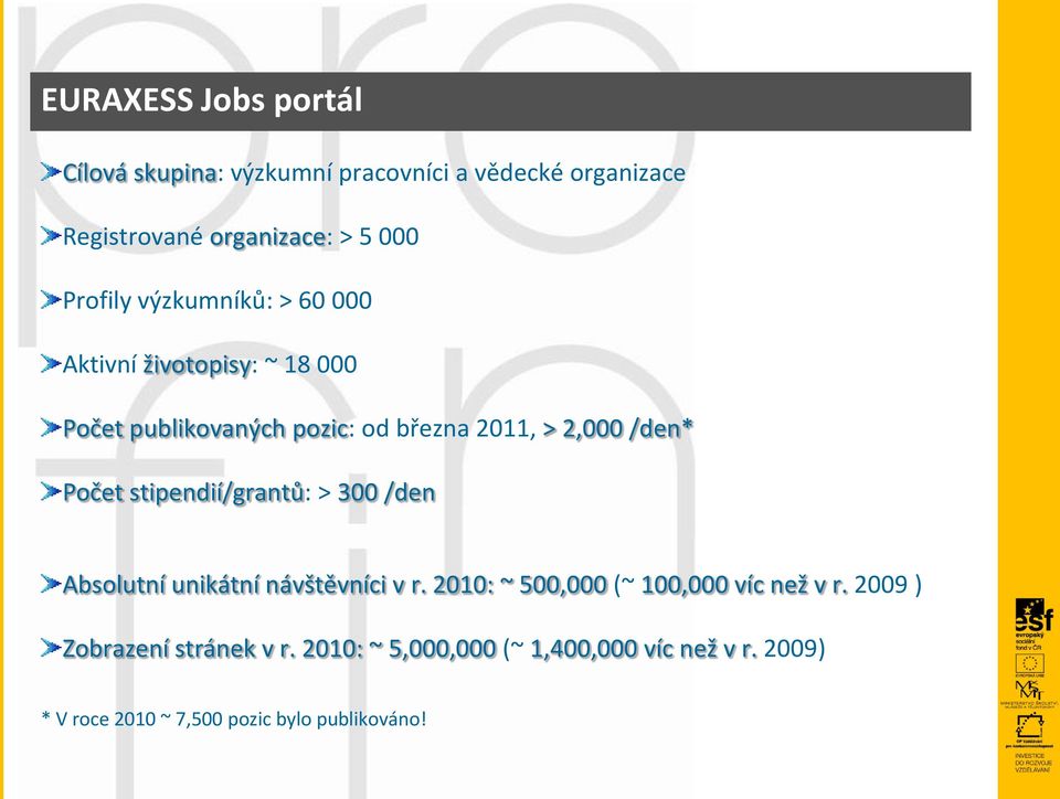 Počet stipendií/grantů: > 300 /den Absolutní unikátní návštěvníci v r. 2010: ~ 500,000 (~ 100,000 víc než v r.