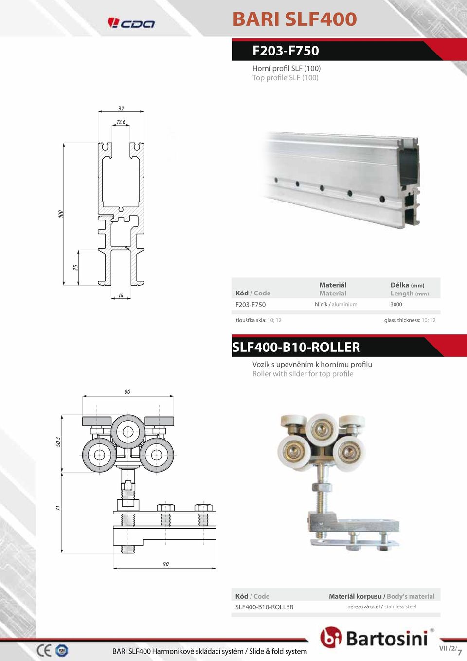 SLF400-B10-ROLLER Vozík s upevněním k hornímu profilu Roller with slider for top