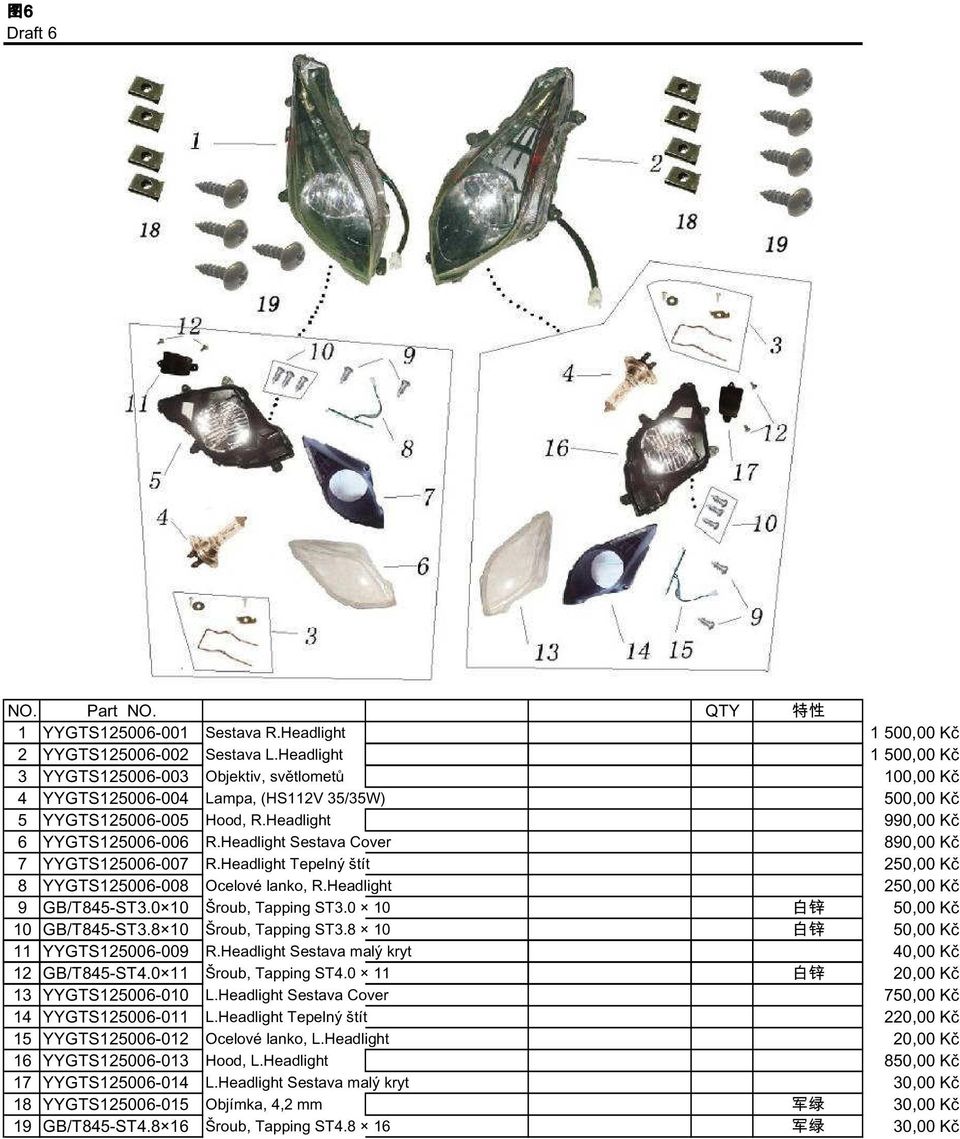 Headlight Sestava Cover 890,00 Kč 7 YYGTS125006-007 R.Headlight Tepelný štít 250,00 Kč 8 YYGTS125006-008 Ocelové lanko, R.Headlight 250,00 Kč 9 GB/T845-ST3.0 10 Šroub, Tapping ST3.