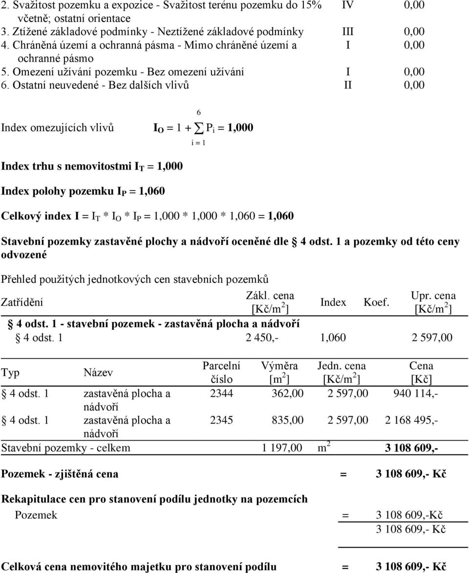 Ostatní neuvedené - Bez dalších vlivů II 0,00 Index omezujících vlivů I O = 1 + P i = 1,000 Index trhu s nemovitostmi I T = 1,000 Index polohy pozemku I P = 1,060 Celkový index I = I T * I O * I P =