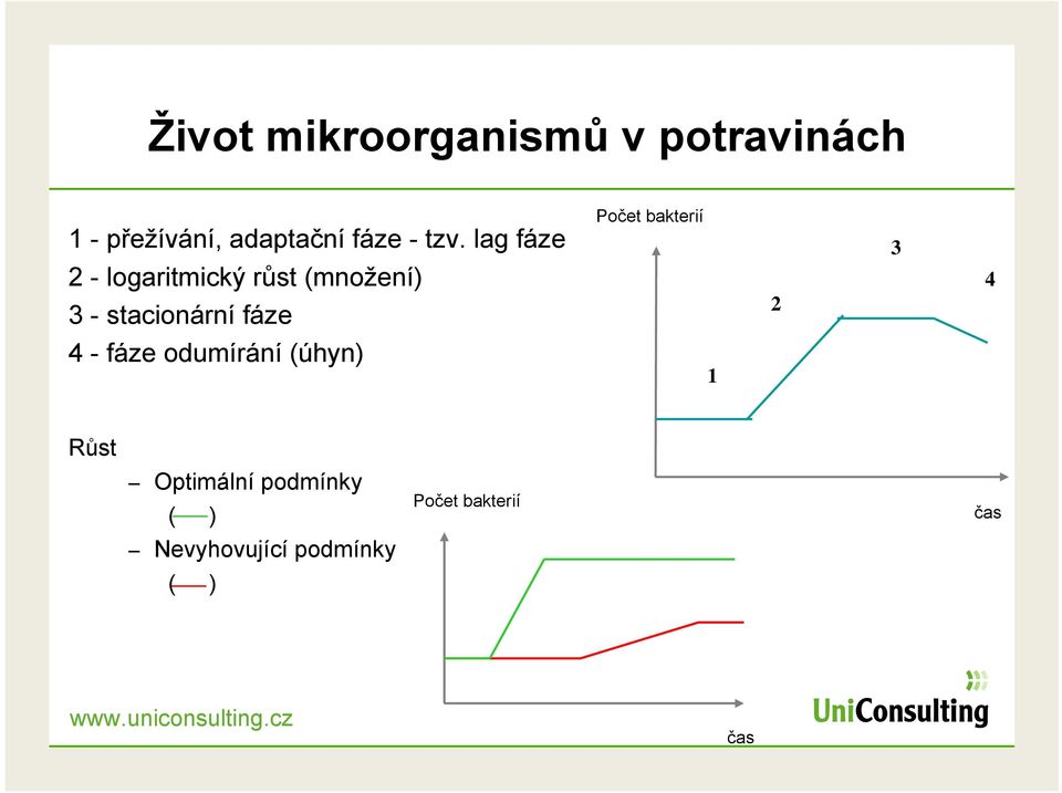 lag fáze 2 - logaritmický růst (množení) 3 - stacionární fáze