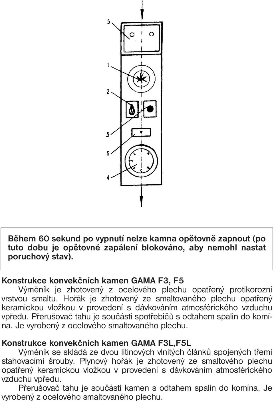 Hořák je zhotovený ze smaltovaného plechu opatřený keramickou vložkou v provedení s dávkováním atmosférického vzduchu vpředu. Přerušovač tahu je součástí spotřebičů s odtahem spalin do komína.