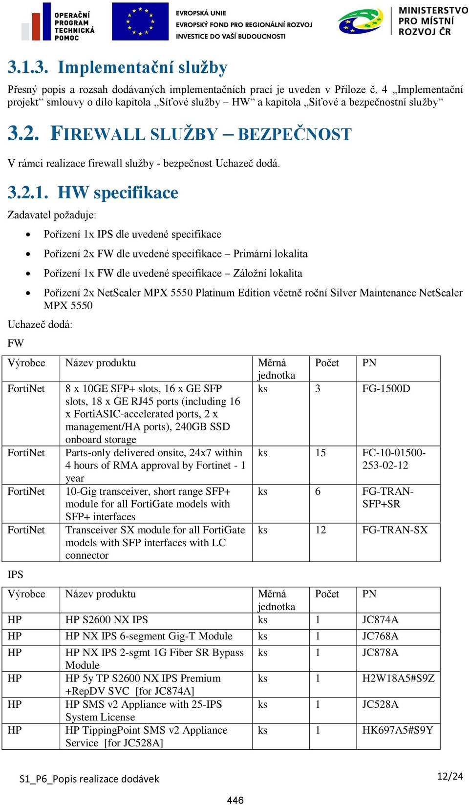 HW specifikace FW Pořízení 1x IPS dle uvedené specifikace Pořízení 2x FW dle uvedené specifikace Primární lokalita Pořízení 1x FW dle uvedené specifikace Záložní lokalita Pořízení 2x NetScaler MPX