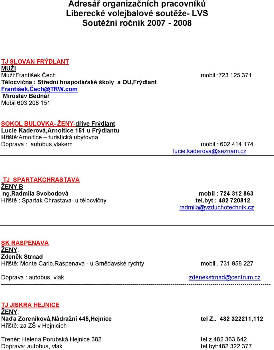 com Miroslav Bednář Mobil 603 208 151 SOKOL BULOVKA- -dříve Frýdlant Lucie Kaderová,Arnoltice 151 u Frýdlantu Hřiště:Arnoltice turistická ubytovna Doprava : autobus,vlakem mobil : 602 414 174 lucie.
