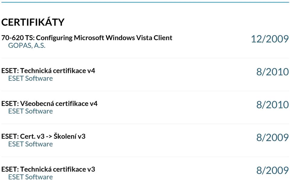 A.S. 12/2009 ESET: Technická certifikace v4 8/2010 ESET: