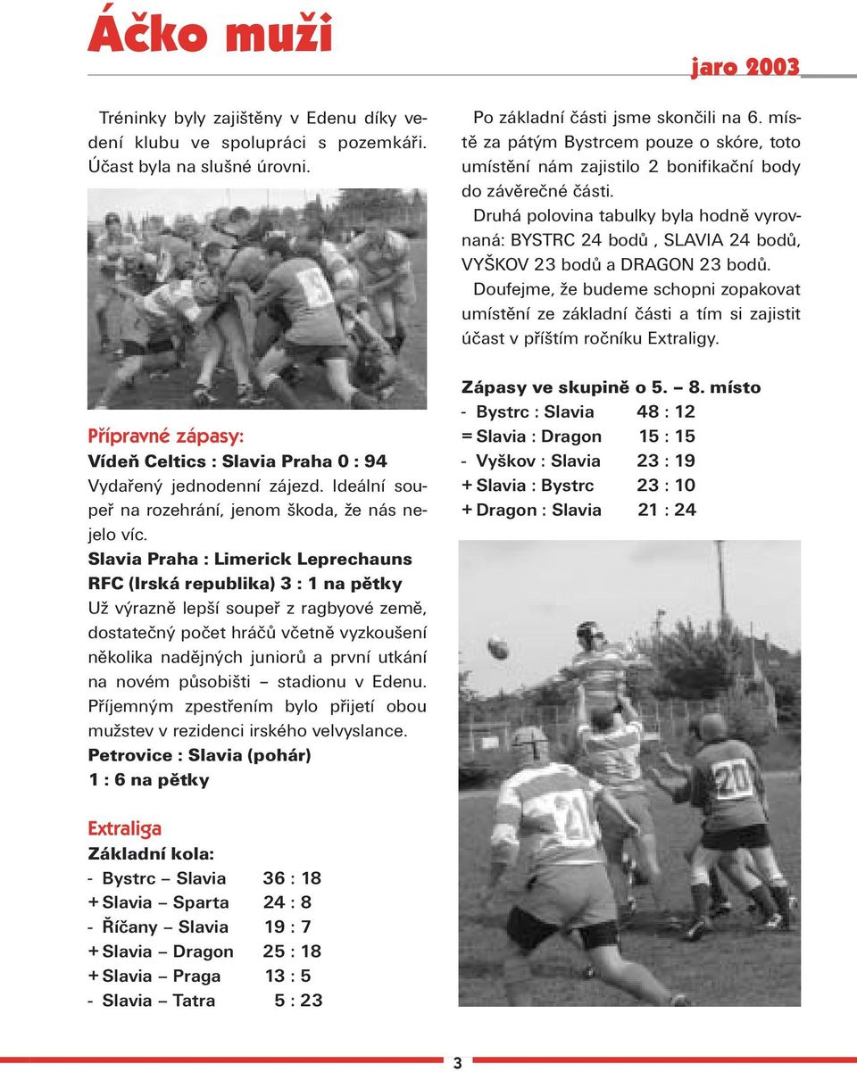 Slavia Praha : Limerick Leprechauns RFC (Irská republika) 3 : 1 na pětky Už výrazně lepší soupeř z ragbyové země, dostatečný počet hráčů včetně vyzkoušení několika nadějných juniorů a první utkání na