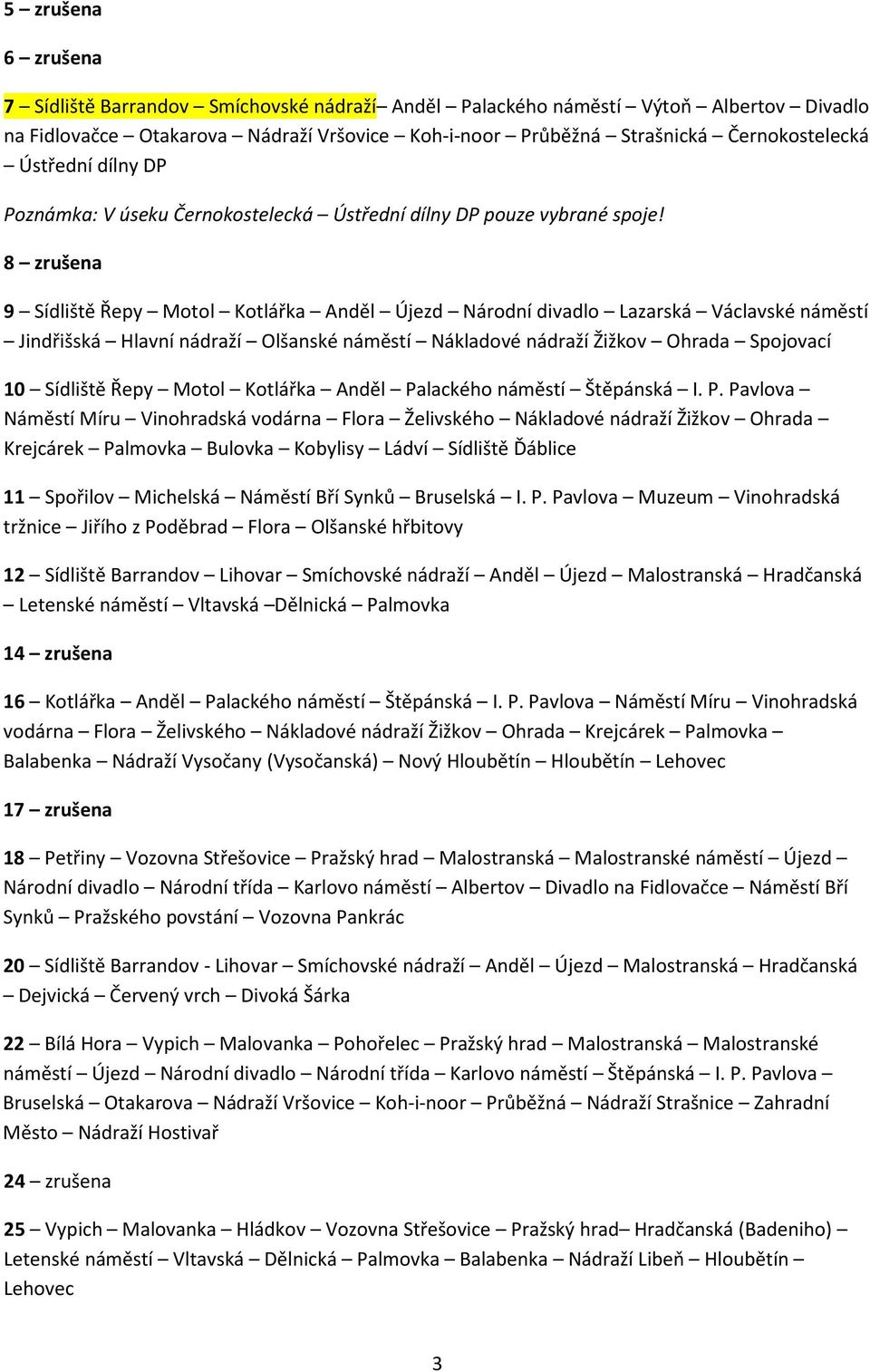 8 zrušena 9 Sídliště Řepy Motol Kotlářka Anděl Újezd Národní divadlo Lazarská Václavské náměstí Jindřišská Hlavní nádraží Olšanské náměstí Nákladové nádraží Žižkov Ohrada Spojovací 10 Sídliště Řepy