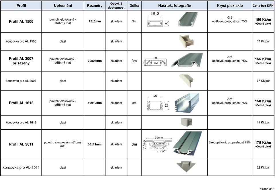 AL 1612 16x12mm skladem 3m 150 Kč/m koncovka pro AL 1612 plast skladem 41 Kč/pár Profil AL 3011