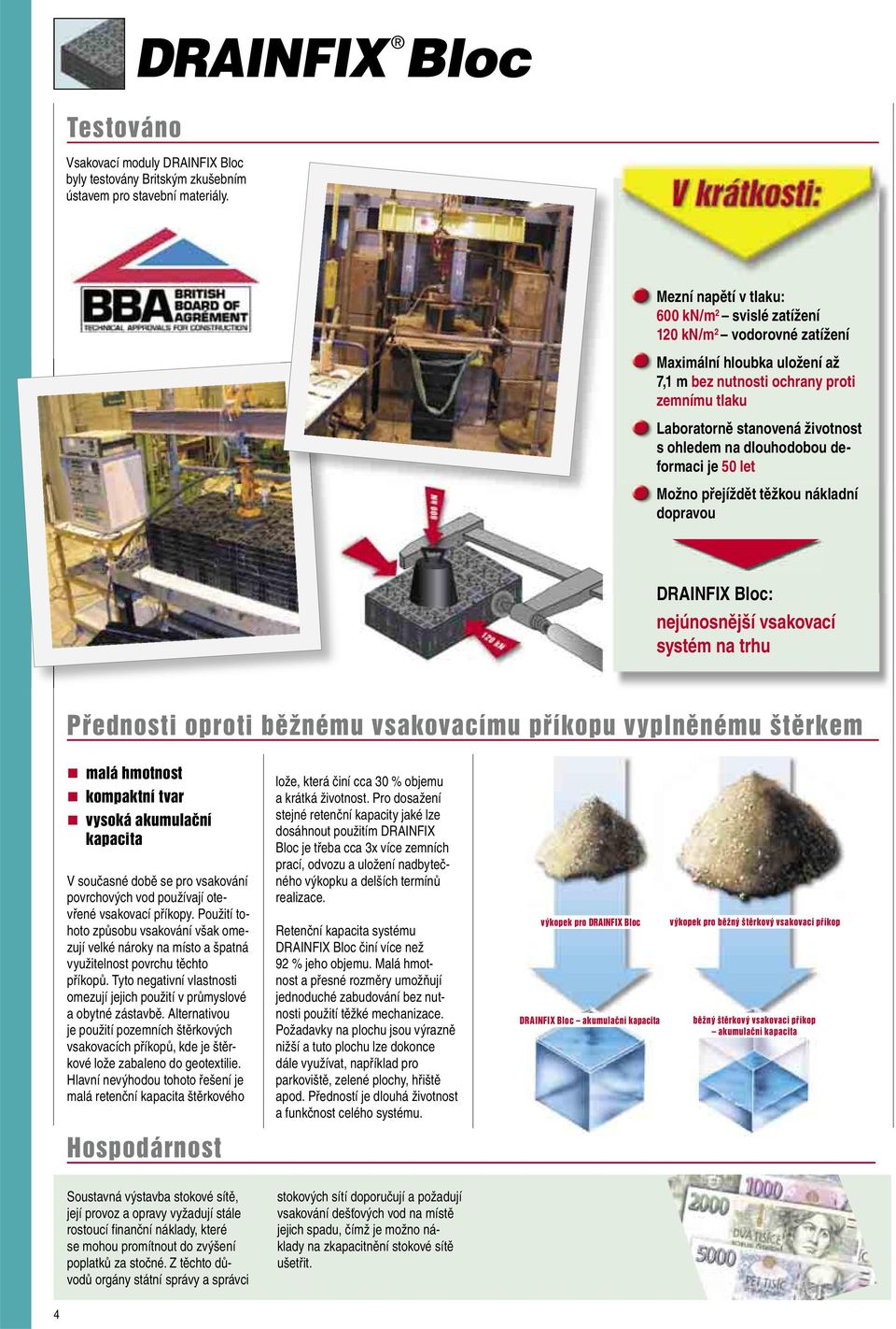 dlouhodobou deformaci je 50 let Možno přejíždět těžkou nákladní dopravou DRAINFIX Bloc: nejúnosnější vsakovací systém na trhu P ednosti oproti bïûnèmu vsakovacìmu p Ìkopu vyplnïnèmu ötïrkem mal