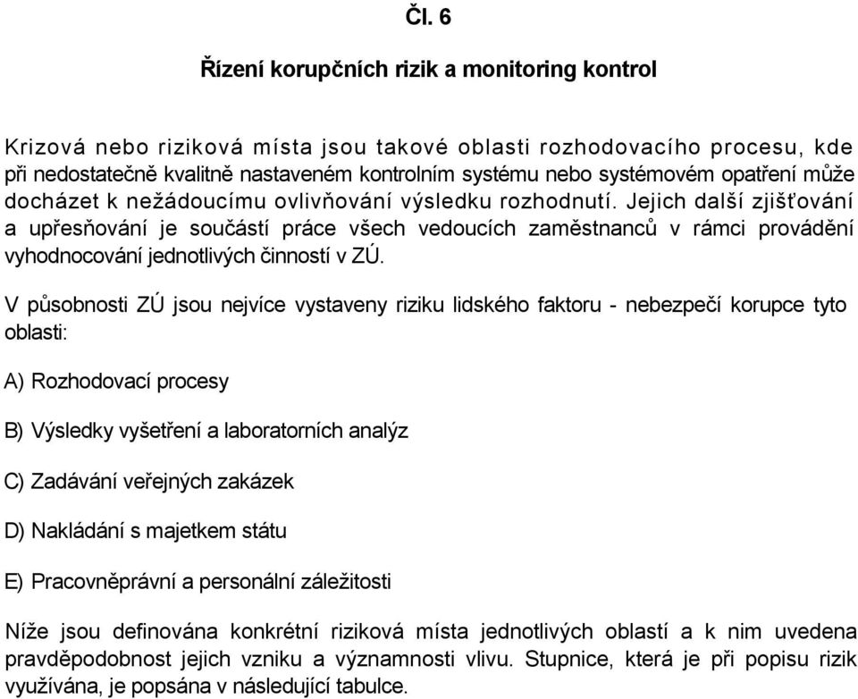 Jejich další zjišťování a upřesňování je součástí práce všech vedoucích zaměstnanců v rámci provádění vyhodnocování jednotlivých činností v ZÚ.