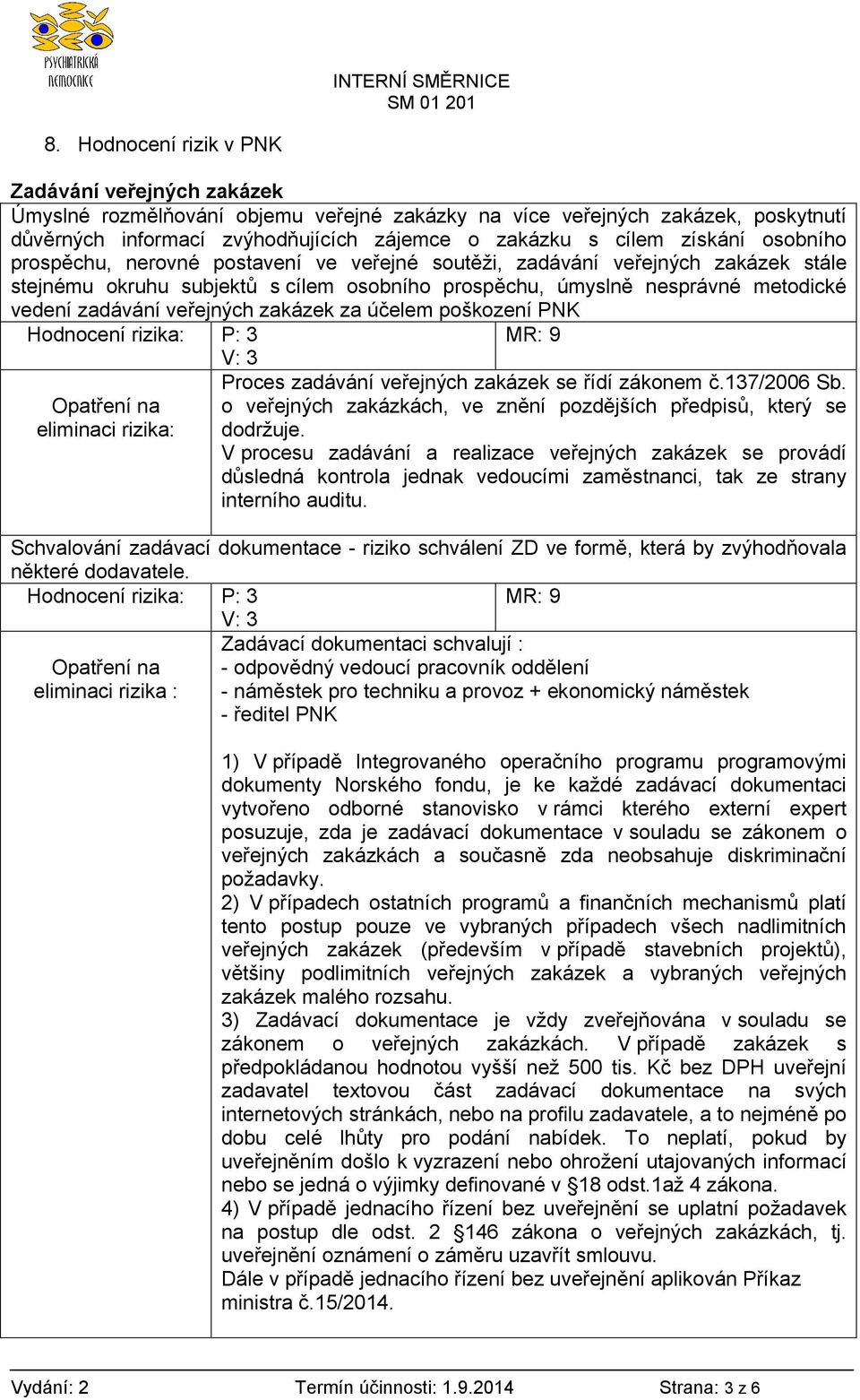 veřejných zakázek za účelem poškození PNK eliminaci rizika: Proces zadávání veřejných zakázek se řídí zákonem č.137/2006 Sb. o veřejných zakázkách, ve znění pozdějších předpisů, který se dodržuje.