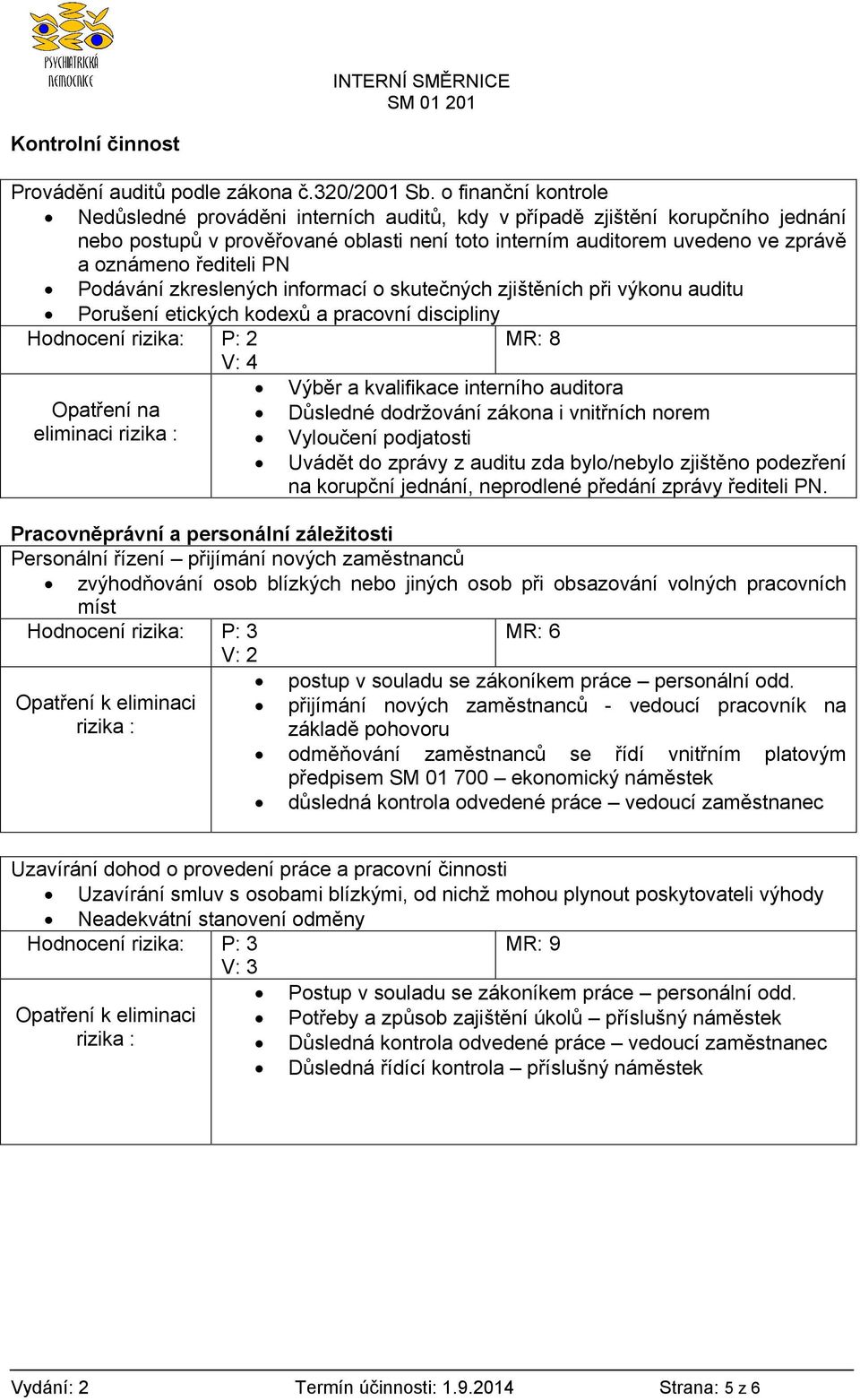 řediteli PN Podávání zkreslených informací o skutečných zjištěních při výkonu auditu Porušení etických kodexů a pracovní discipliny Hodnocení rizika: P: 2 MR: 8 V: 4 Výběr a kvalifikace interního